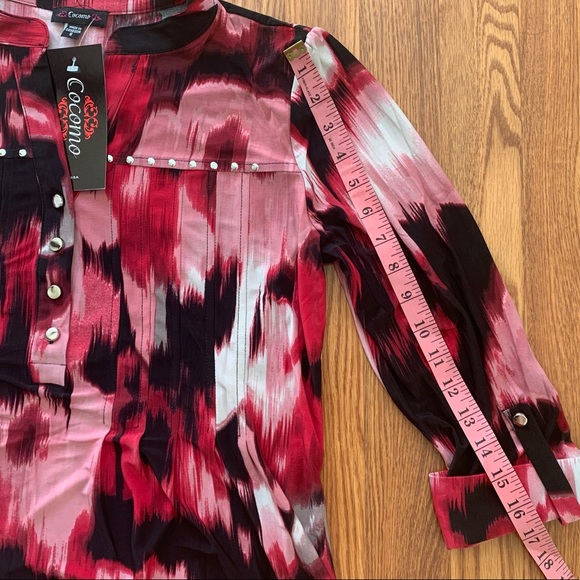 COCOMO Small Red pink white 3/4 sleeve women's Pin tuck Blouse top shirt - Picture 9 of 12